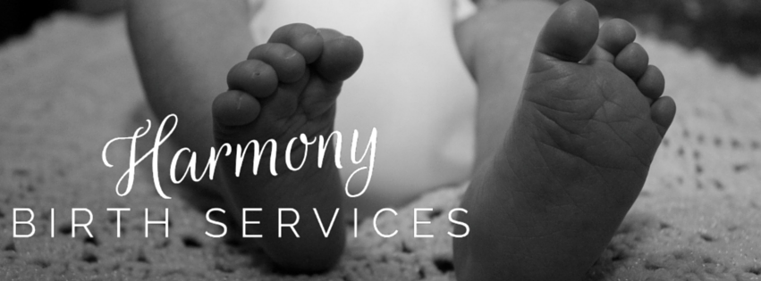 Photo of baby toes with "Harmony Birth Services" logo